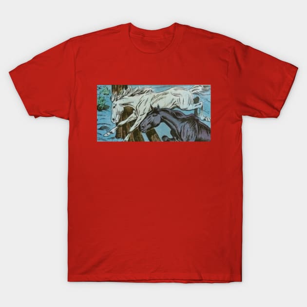 Black and white horses fly over the fence T-Shirt by Comic Dzyns